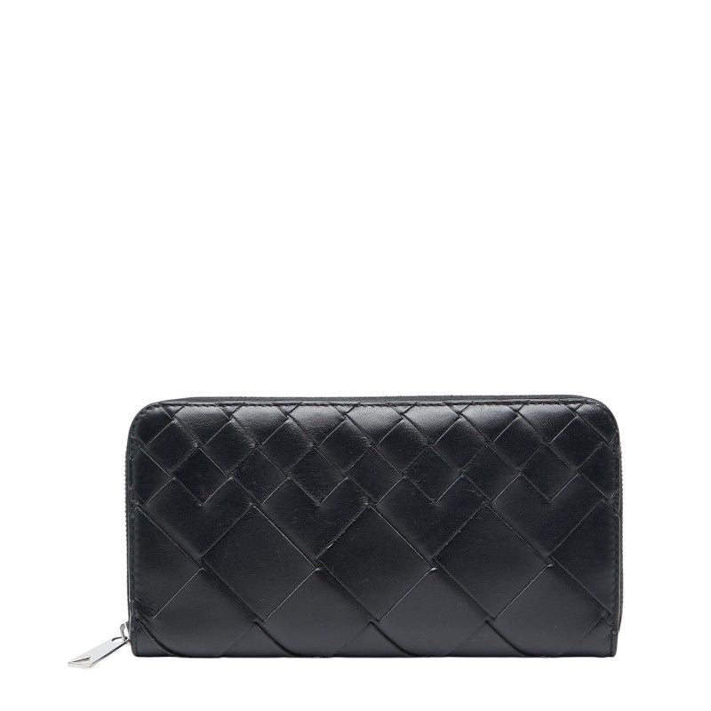 Bottega Veneta Intrecciato Round Zipper Long Wallet Black Leather