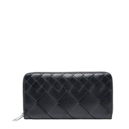 Bottega Veneta Intrecciato Round Zipper Long Wallet Black Leather