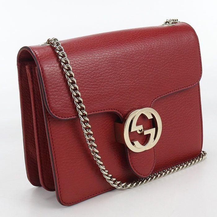 Gucci Chain Interlocking Crossbody Shoulder Bag Leather Red