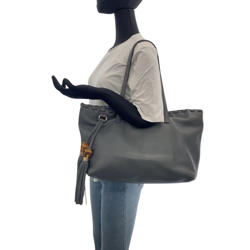 Gucci Bamboo Gray Silver Hardware Leather 354665 Tote Bag Shoulder Bag Women