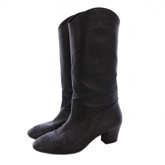 Chanel Jockey Boots Middle Length Coco Mark Leather 38 C Black KH