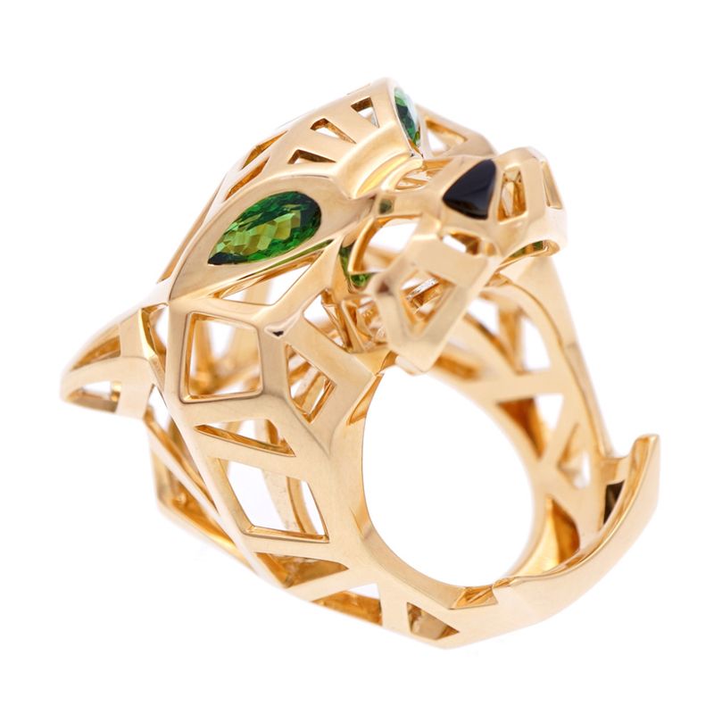 Cartier 18K Yellow Gold/onyx/tsavorite Panther De Ring N4722500 #52 Ring 750