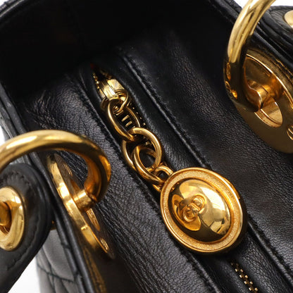 Christian DIOR Lady Dior Cannage Handbag Tote Bag Lambskin Leather Black Black