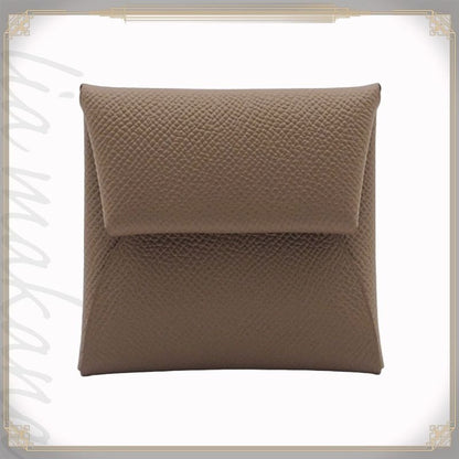Hermes Bastia Etoupe Beige Vaux Epson Coin Case Purse Silver