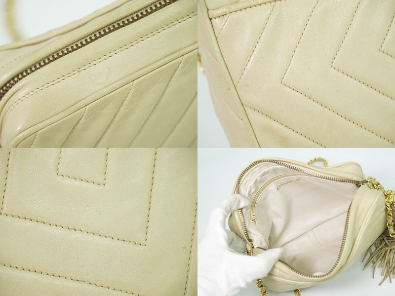 Authentic Chanel Coco Mark Tassel Shoulder Bag Pochette Lambskin Leather Beige