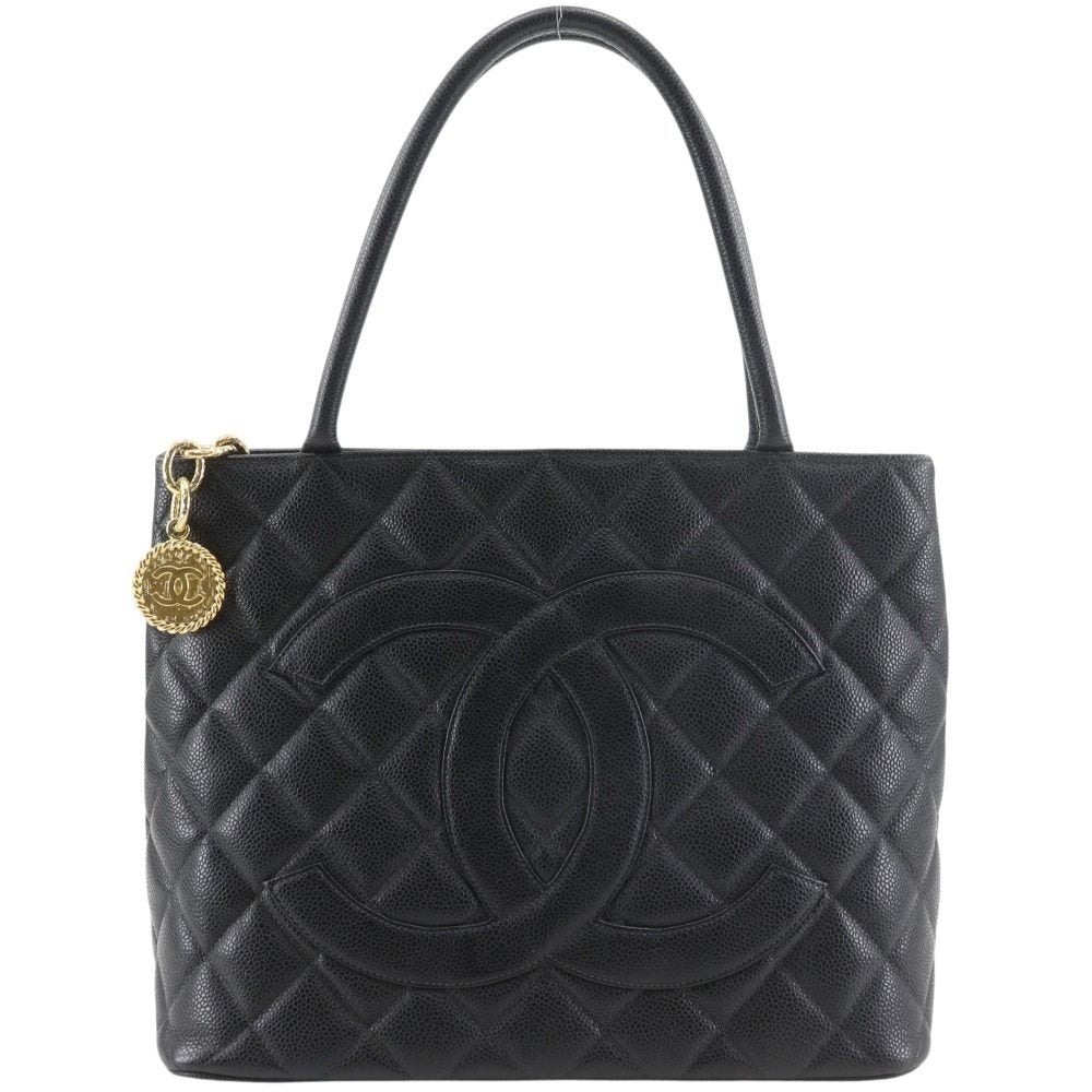 Chanel Medallion Tote CC Logo Quilted Caviar Leather Black