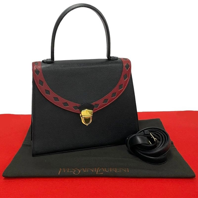 Yves Saint Laurent Cutout Punching Leather 2-Way Handbag Shoulder Bag Black
