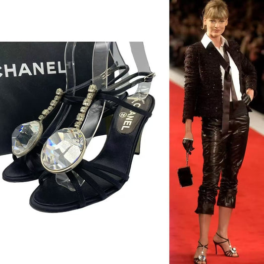 Chanel Sandals Strap Crystal Stone Satin Black 36.5