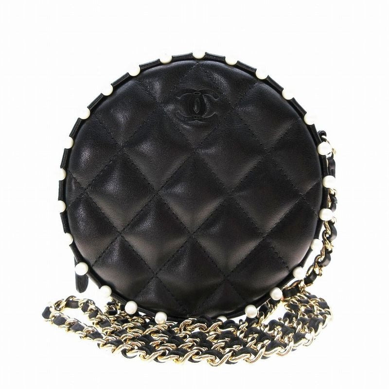 Chanel Lambskin Round Pearl Chain Quilted Mini Shoulder Bag 29 th Black