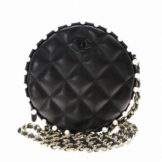 Chanel Lambskin Round Pearl Chain Quilted Mini Shoulder Bag 29 th Black