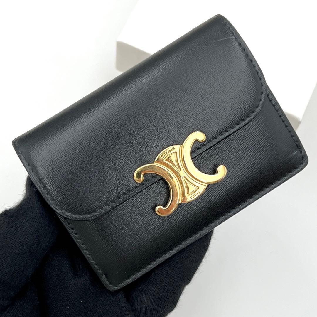 Celine Triomphe Card Case Black Leather Gold