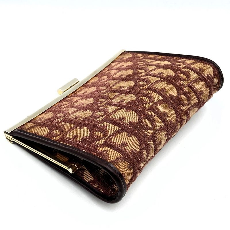 DIOR Pouch Red Gold And Beige Canvas Trotter Clasp Small Pouch Women's