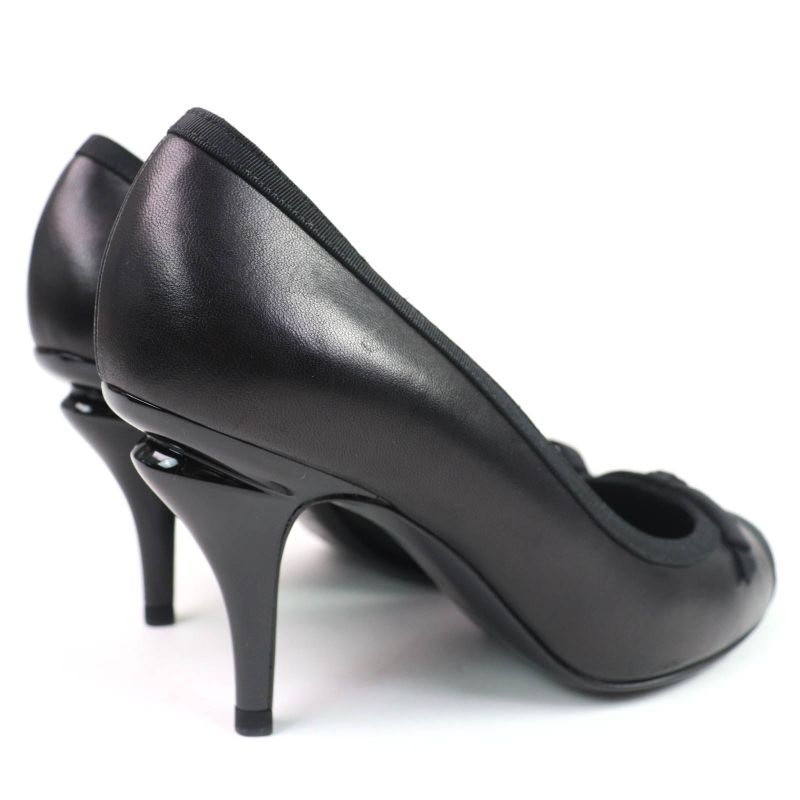 CHANEL 09A G26728y01590 Coco Mark Ribbon Satin Switch Leather Pumps Black 35.5