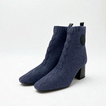 Hermes Volver Boots Short Shoes Knit Leather Blue Black Exlibris Sock