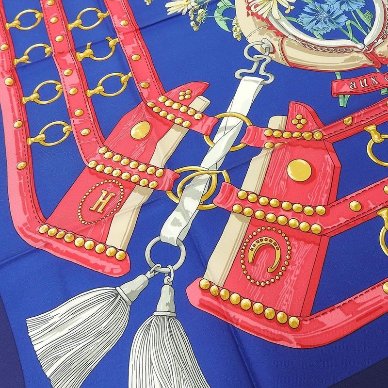 Hermes Scarf Carre 90 Silk 100% Field To Aux Champs Navy Blue Pink