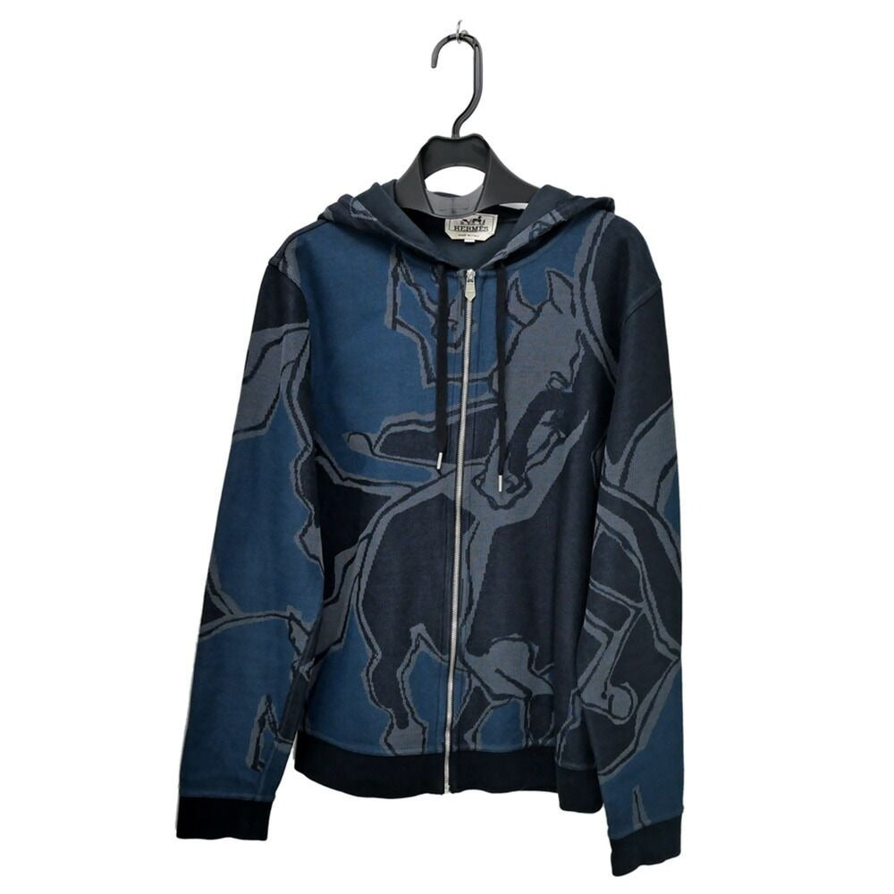 Hermes Zip Hoodie la Danse Des Chevaux Cotton Navy S Long Sleeve