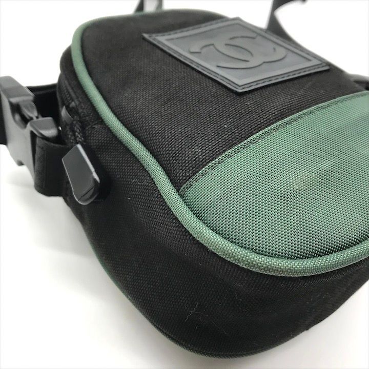 Chanel CC Logo Sports Line Shoulder Bag 2-Way Nylon Canvas Black Green