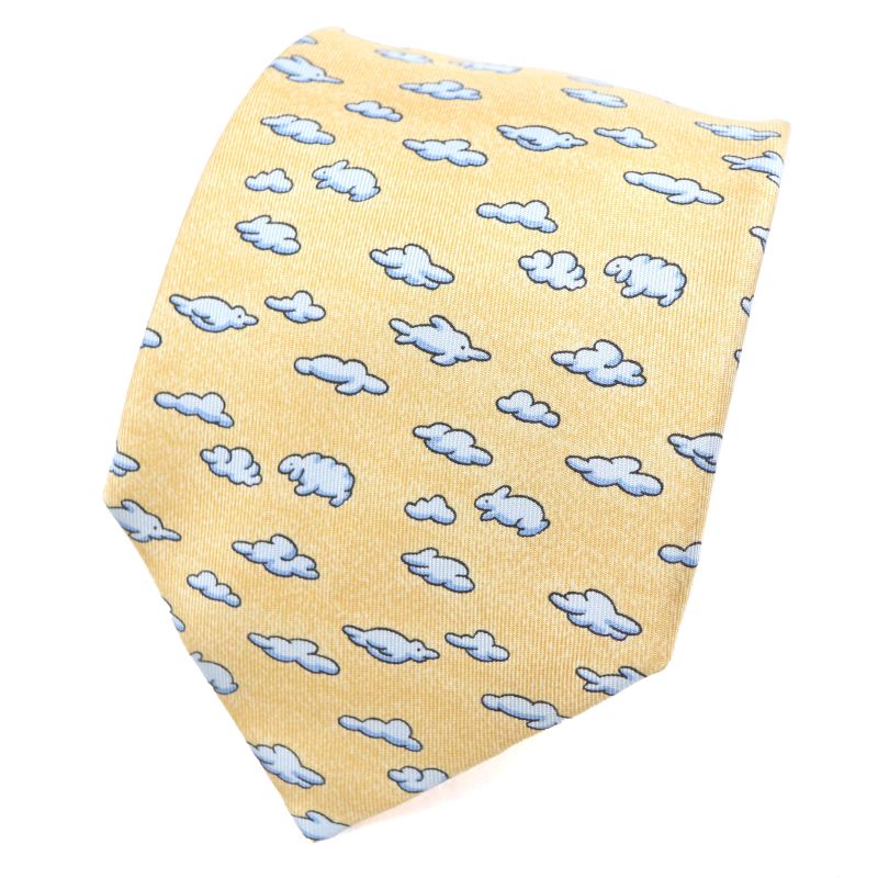 Hermes 100% Silk Clouds Animal All Over Pattern Necktie Orange Blue Made In