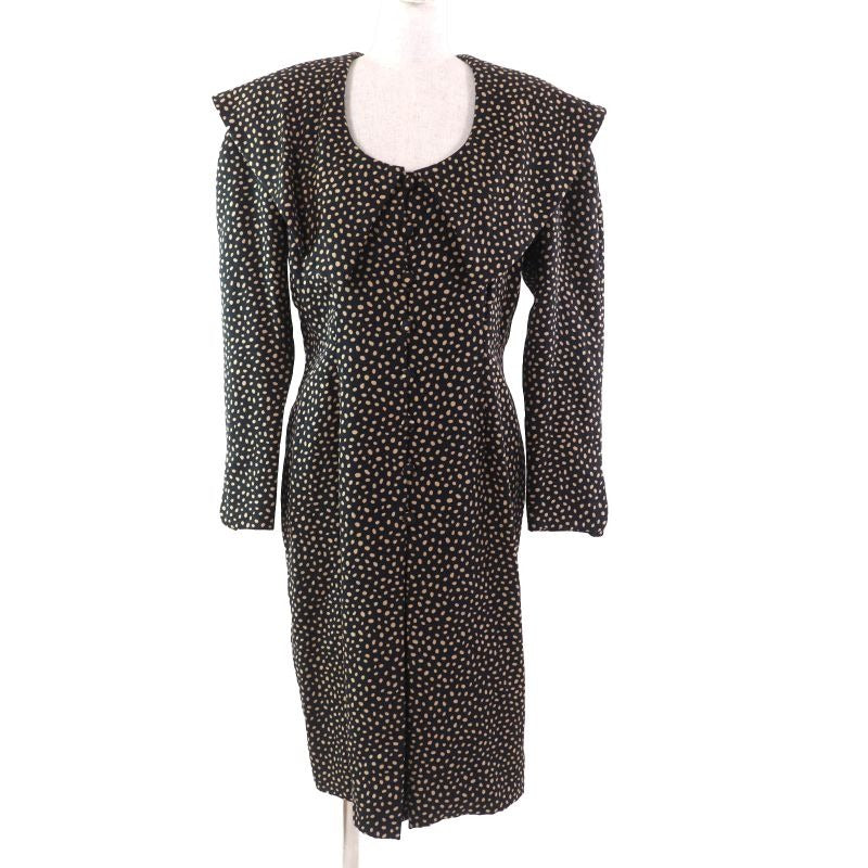 Christian Dior Vintage Silk Blend All Over Big Collar Shirt Dress Black Beige