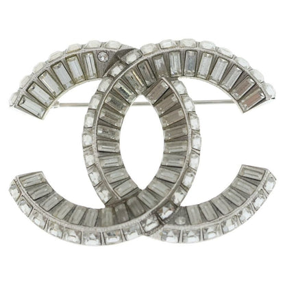 Chanel CC Logo Line Stone Pin Badge Brooch Silver