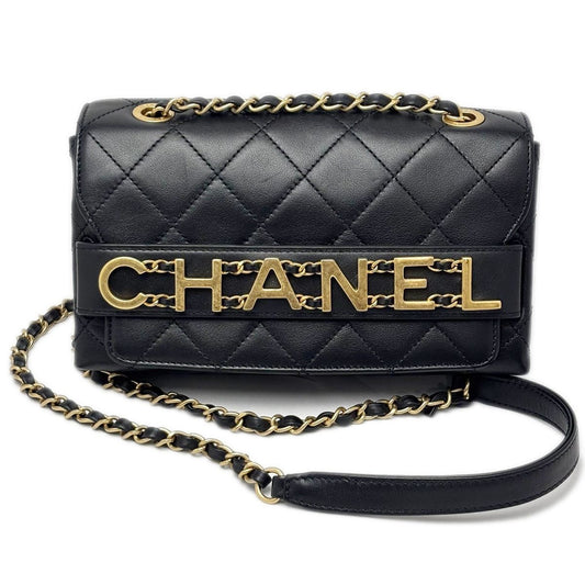 Chanel Shoulder Bag Quilted Logo Chain Black Gold Lambskin