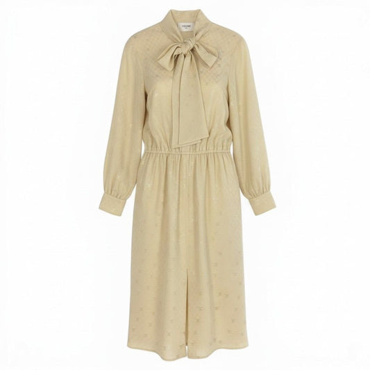 Celine Lavalier Triomphe Pattern Bowtie Silk Dress Long 36 Ivory