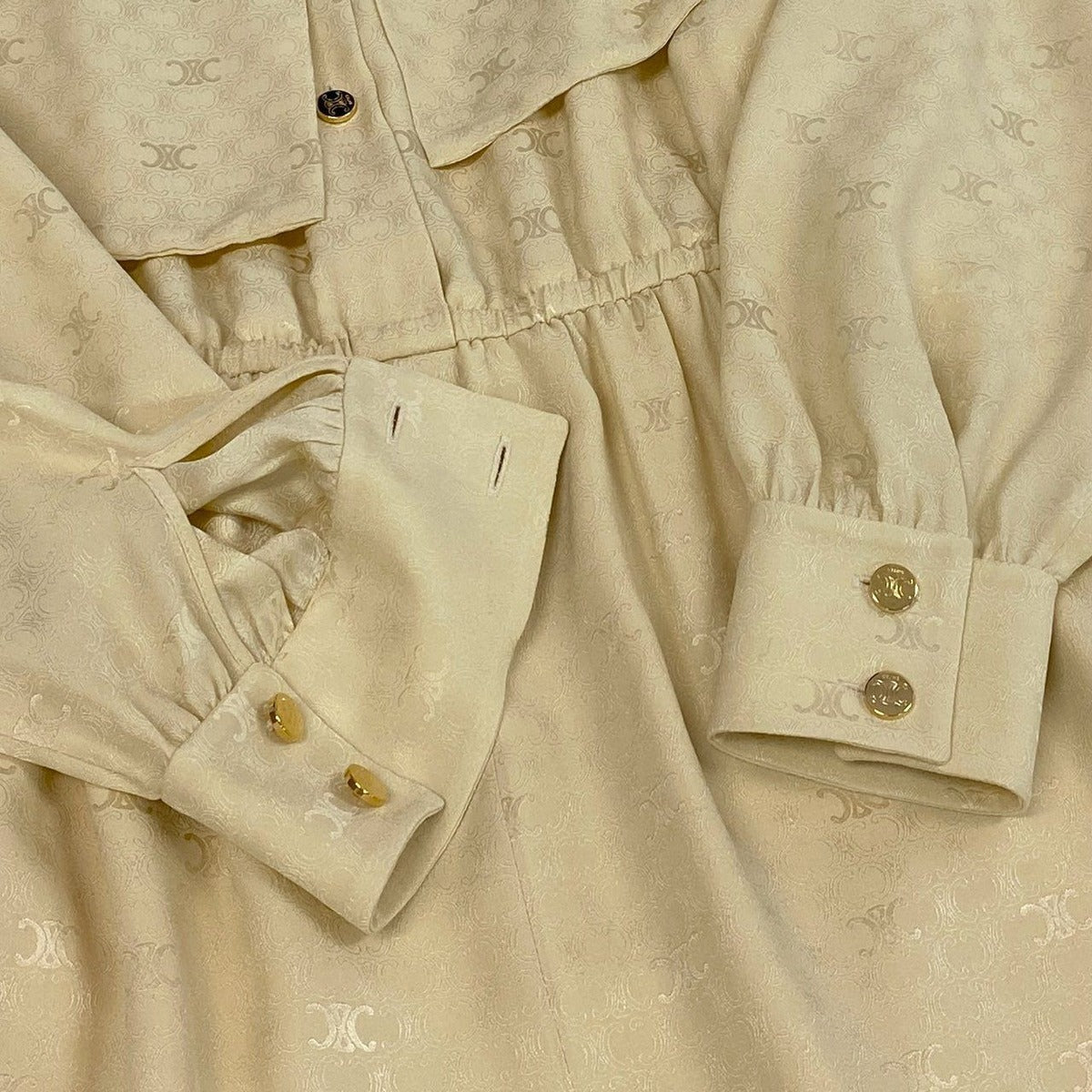 Celine Lavalier Triomphe Pattern Bowtie Silk Dress Long 36 Ivory — view 5