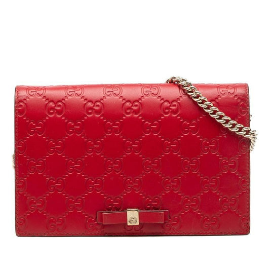 Gucci Ribbon Guccissima Chain Wallet Shoulder Bag Red Leather