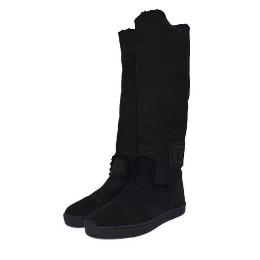 Chanel Long Boots Mouton Inner Shearling Coco Mark 36.5 Black Aa