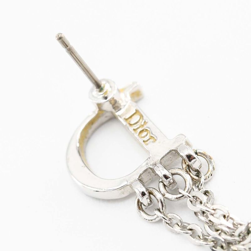 Christian DIOR Earrings Logo Rhinestone Approx 4.8g Silver Color Ladies