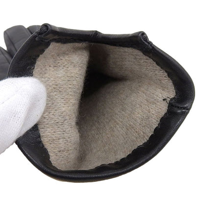 Hermes Lambskin Sheepskin 100% Cashmere Lining H Logo Design Gloves Black 7.5