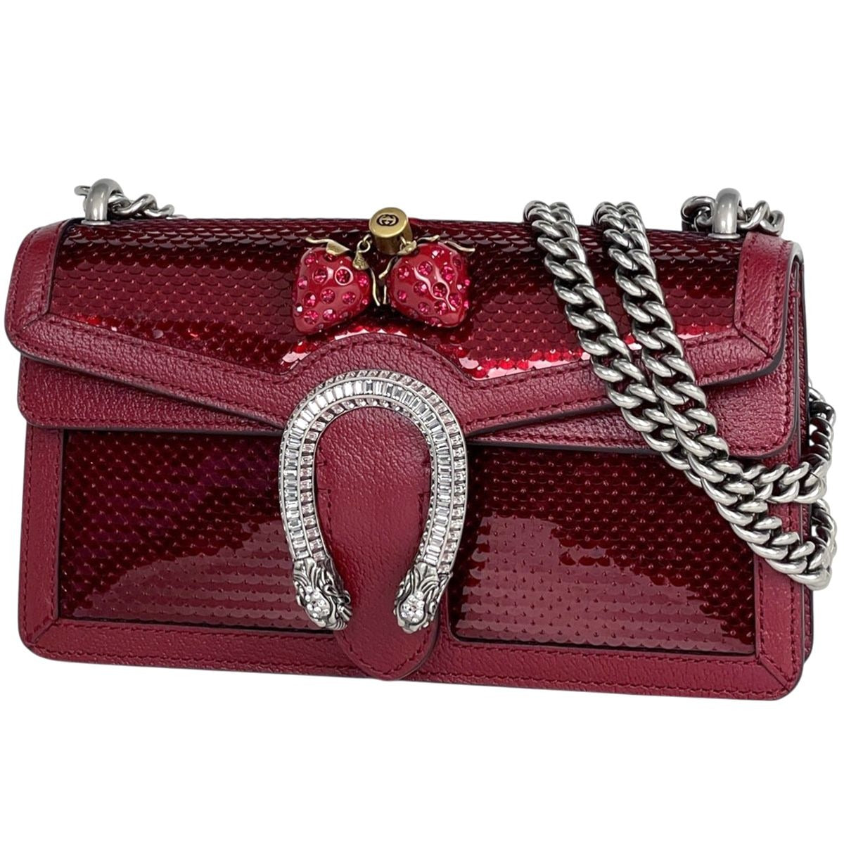Gucci Dionysus Chain Shoulder Bag Strawberry Motif Leather Red