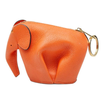 Loewe Elephant Motive Charm Key Holder Coin Purse Orange Leather Keychain