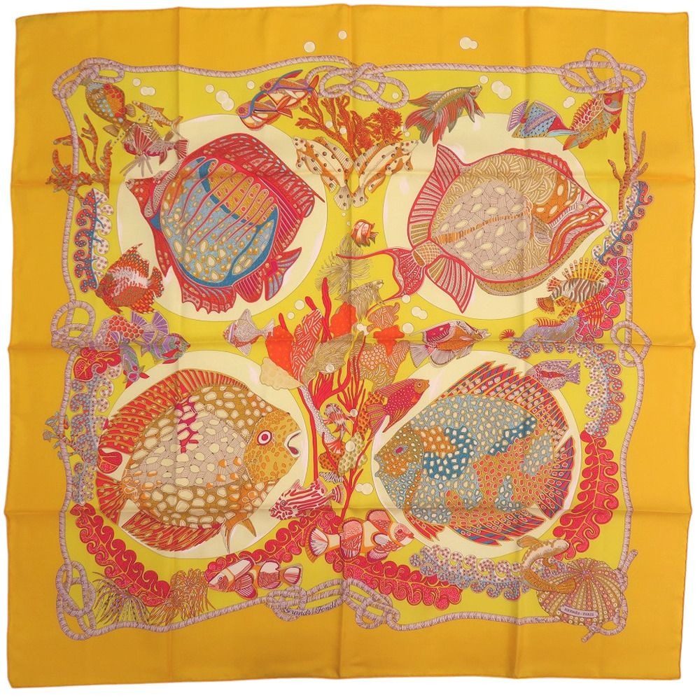 Hermes Carre 90 Grands Fonds Deep Sea Silk Scarf Yellow