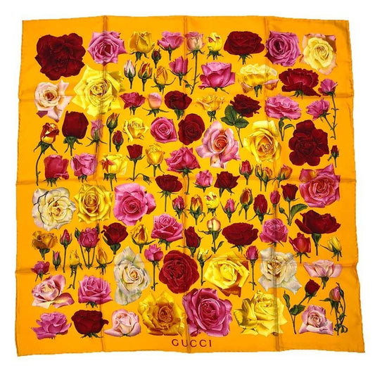 Gucci Rose Scarf Carre Flower Floral Pattern Silk Yellow Orange