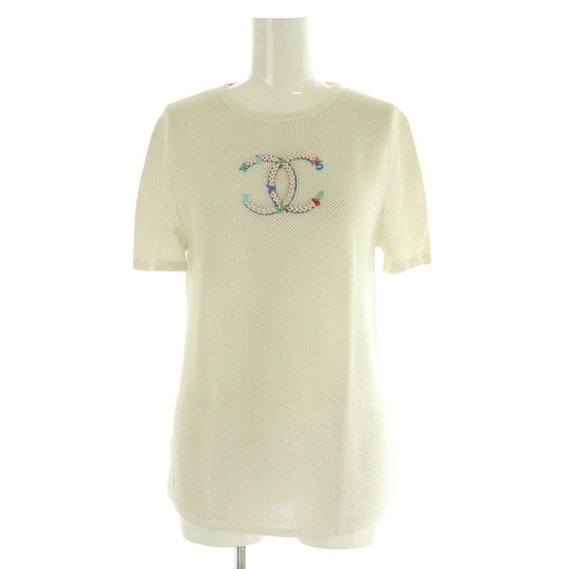Chanel Coco Mark Mesh Short Sleeve Knit T-Shirt Cut and Sewn 34 White Nr OS
