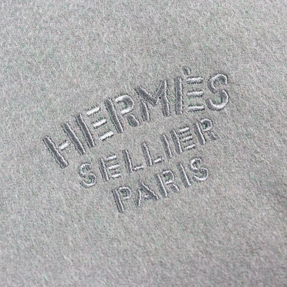Hermes 100% Cashmere Logo Embroidery Bicolor Fringed Large Shawl Scarf Gray