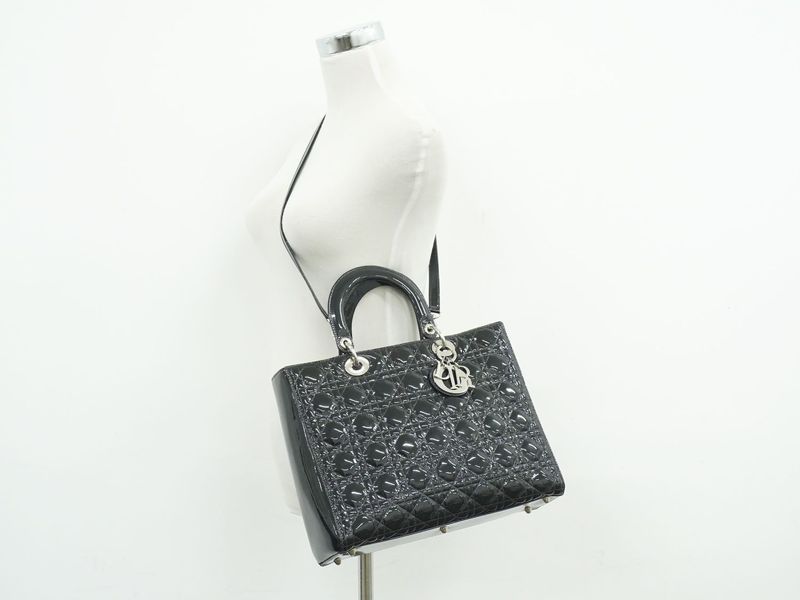 Authentic Christian DIOR Lady Dior Cannage 2WAY Shoulder Bag Handbag Patent