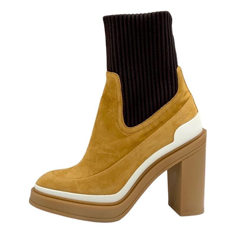 Hermes Boots Short Boots Sock Boots Shoes Suede Fabric Bicolor Camel Brown