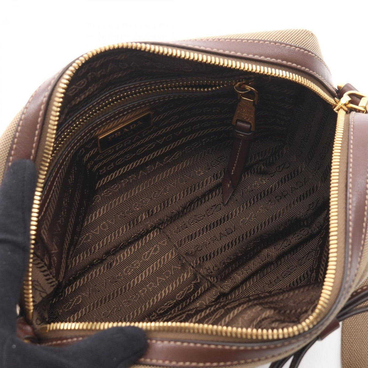 Prada Shoulder Bag Logo Jacquard Beige Brown Canvas Leather — view 3