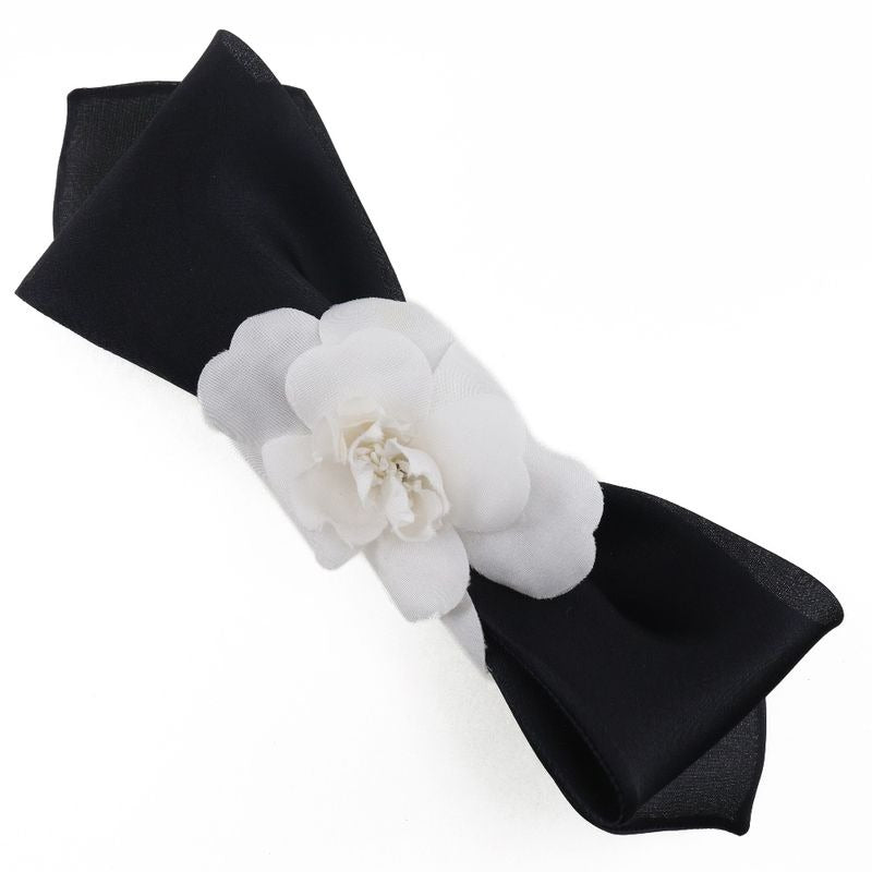 Chanel Camellia Ribbon Satin and Textile Black White Barrette