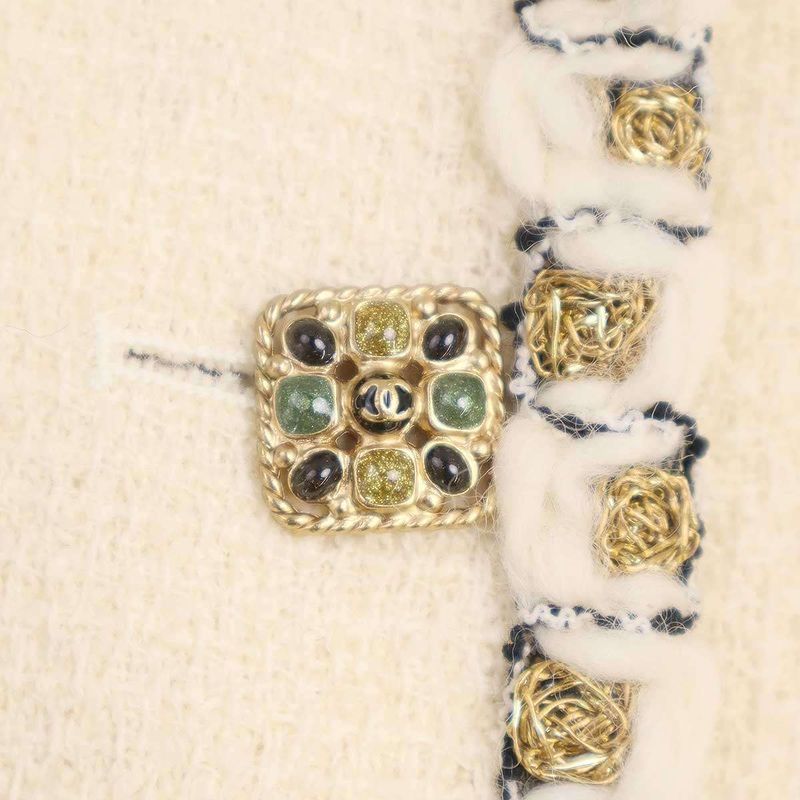 Chanel Coco Mark Button Fringe Stand Collar Tweed Jacket P41436v28444 Ivory 44