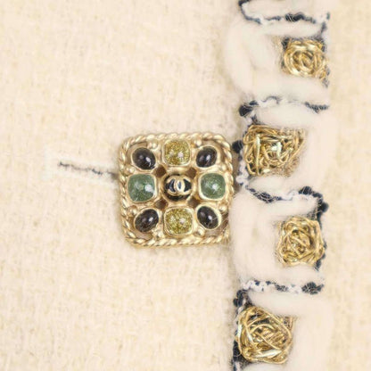 Chanel Coco Mark Button Fringe Stand Collar Tweed Jacket P41436v28444 Ivory 44