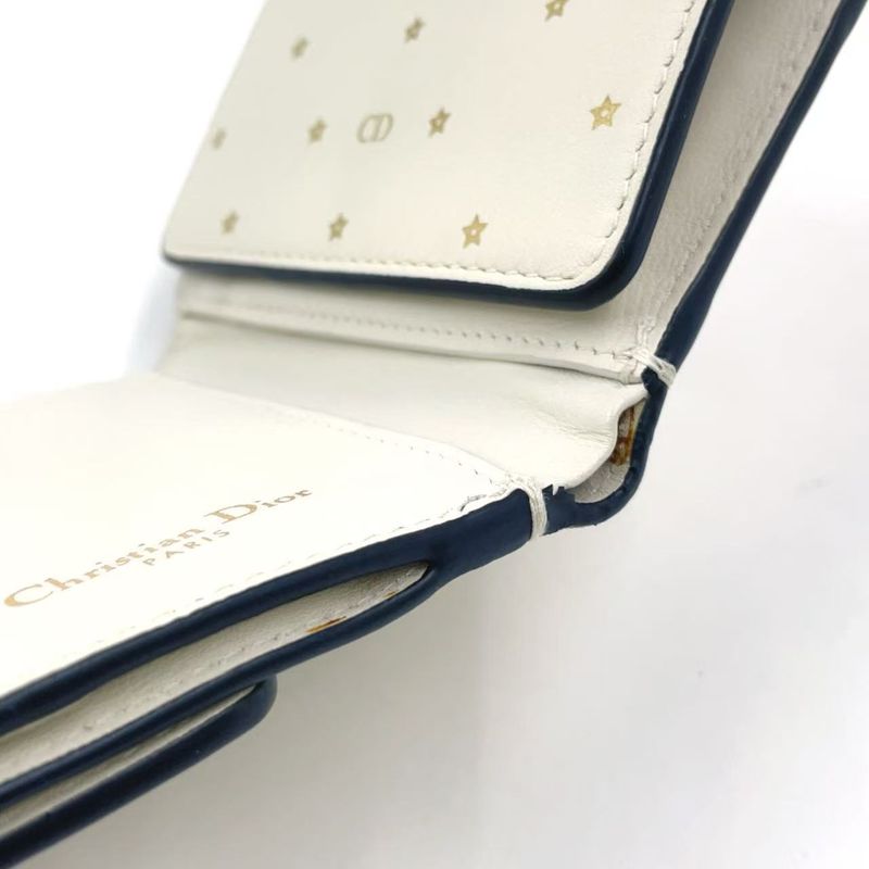 Christian Dior Star Pattern Trifold Leather White Wallet Gold