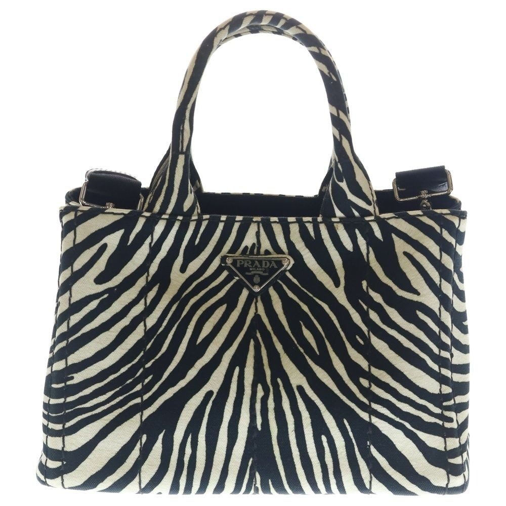Prada Canapa Zebra Shoulder Bag White Black Canvas Silver