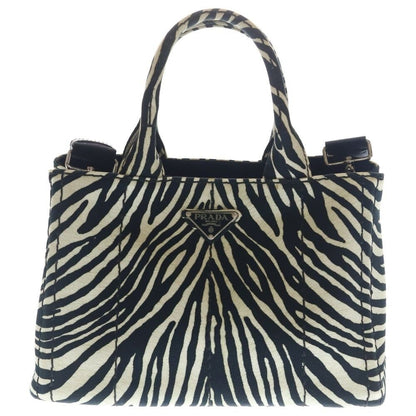 Prada Canapa Zebra Shoulder Bag White Black Canvas Silver