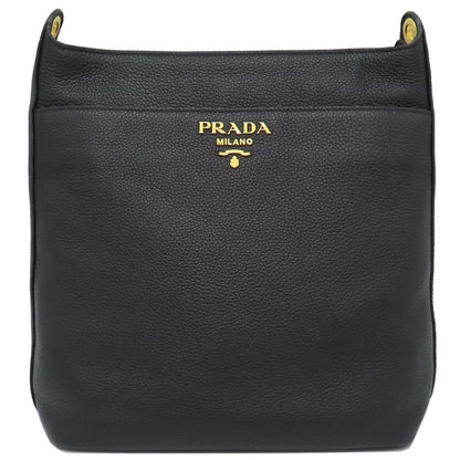Prada Shoulder Bag Metal Logo Leather Nero Gold Hardware Black Vitello Phenix