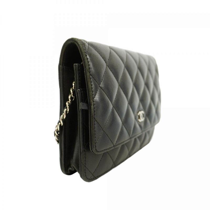 Chanel Shoulder Wallet Matelasse Lambskin Black Silver Hardware Women
