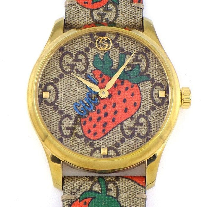 Gucci Watch G Timeless 126.4 Beige GG Supreme Strawberry Pattern Fabric Dial GP