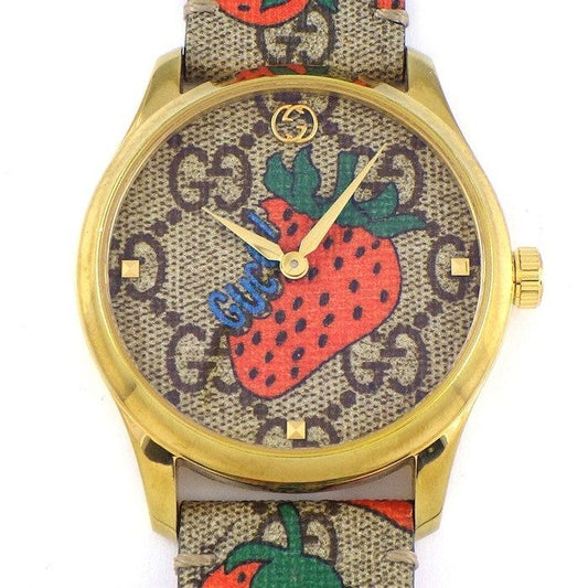 Gucci Watch G Timeless 126.4 Beige GG Supreme Strawberry Pattern Fabric Dial GP